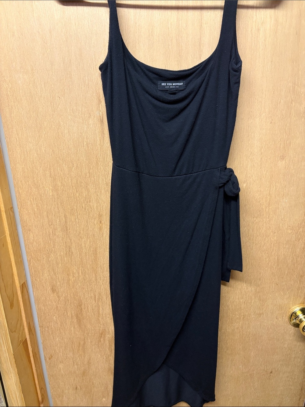 See You Monday Black Wrap-Detail Midi Dress